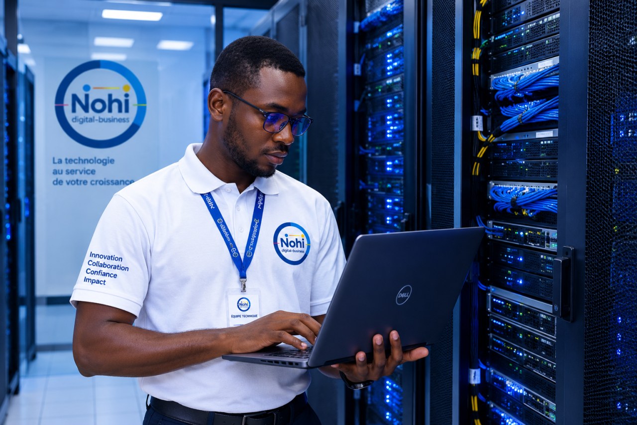 Équipe technique NOHI DIGITAL BUSINESS intervenant sur une infrastructure serveur